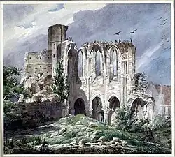 vestiges en pierre envahis par la végétation et entouré d'oiseaux