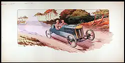 ...Bablot vu par le peintre et affichiste Ernest Montaut au GP de France 1913, sur la voiture no 2.