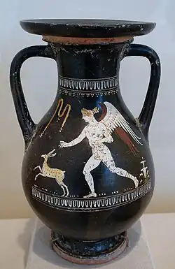 Eros poursuivant un faon. Pelike apulienne, style de Gnathia, polychrome, 360-300. Austin, Texas