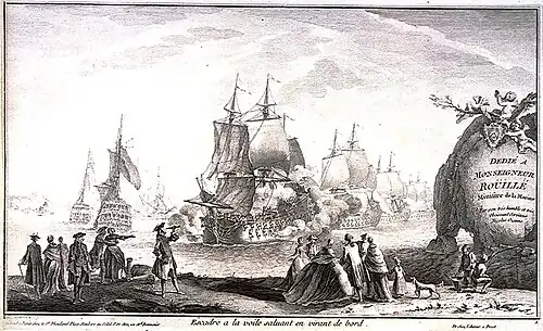 Gravure allégorique à la gloire du ministre de la marine Antoine Louis Rouillé qui accepte de faire travailler Nicolas Ozanne à ses débuts.