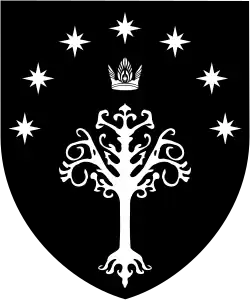 "Armoiries royales du Gondor : sur fond de sable, un arbre d'argent surmonté de sept étoiles et d'une triple couronne ailée de même"