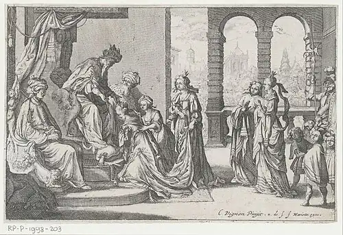 Esther reçue par Assuérus, d'après Claude Vignon, Nicolas de Son,  1625-1650, estampe à l'eau-forte et au burin, Rijksmuseum, Inv. RP-P-1998-203