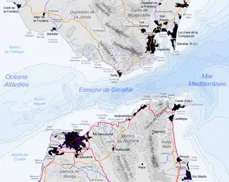 Carte topographique et bathymétrique espagnole du détroit de Gibraltar avec le banc Spartel légendé « Banco Majuan » sur la gauche.
