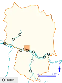 Carte en couleurs matérialisant l'emplacement d'anciens moulins sur le cours de rivières.