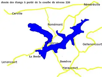 représentation des anciens étangs sur la Roanne dessinés à partir des courbes de niveau