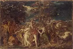 Peinture à l'huile mythologique : groupe de personnages nus dansant, scène dynamique aux tons terreux, perspective au niveau du sol. Style réaliste-impressionniste, ambiance romantique et contemplative, avec un paysage forestier en arrière-plan.