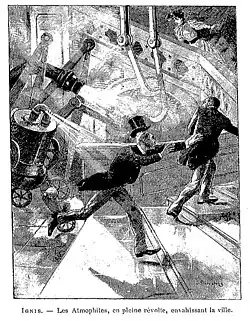 deux hommes poursuivis dans un escalier par un robot.