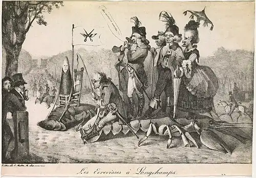 Les écrevisses à Longchamps, lithographie d'après Eugène Delacroix visant la censure royaliste (in Le Miroir, 4 avril 1822).