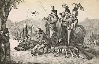 Tandis que la foule se dirige vers l'Arc de triomphe en construction, les censeurs royalistes, juchés sur des écrevisses, vont en direction opposée, à l'instar de leur chef, Marie-Joseph Pain, assis sous un drapeau orné de ciseaux volants.