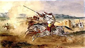 Fantasia ou Jeu de la poudre, devant la porte d’entrée de la ville de Méquinez, par Eugène Delacroix, 1832.