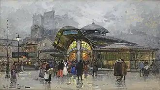 Peinture représentant un bâtiment aux formes contournées et éclairé de l'intérieur, par temps gris