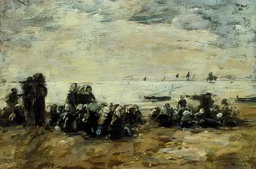 Femmes attendant des bateaux de pêche sur la plage de Berck, 1880Southampton City Art Gallery