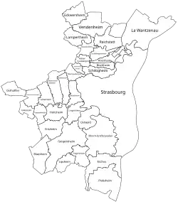 Limites des communes composant Strasbourg Eurométropole.
