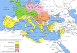 La république romaine (en jaune) avant la conquête des Gaules en -58 av. J.-C.