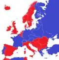 Carte des régimes politiques en 1930 en Europe. Républiques en bleu, monarchies en rouge.