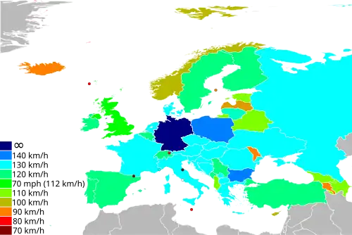Carte des limitations de vitesse en Europe sur autoroute