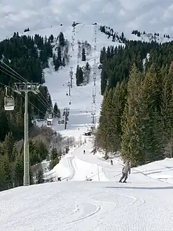 Vue en 2019 depuis les chalets de Chateluy de la télécabine avec le télésiège d'Arbois à sa droite ayants leurs arrivées au mont d'Arbois.