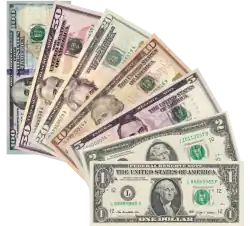 Éventail des sept billets de banque américains en circulation