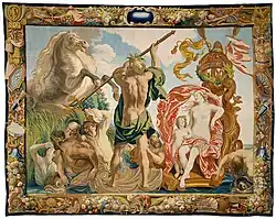 Tapisserie d'Évrard Leyniers, Neptune fait naître le cheval en frappant la terre de son trident, d'après un carton de Jacques Jordaens, vers 1650-1660.
