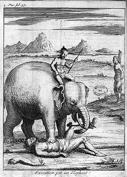 Exécution par un éléphant. Gravure de l'édition en français de 1693.