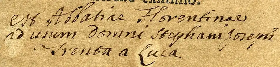 Ex libris manuscrit de Stephanus Joseph Trenta, de Lucques, professeur de philosophie morale à la Badia Fiorentina au XVIIIe&nbsp;siècle.