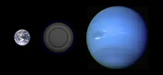 Taille comparée de PSR B1257+12 C avec la Terre et Neptune selon différents modèles de composition.Du plus petit au plus grand rayon :modèle de planète métallique pure,type tellurique à 67 % Fe, 32,5 % MgSiO3,aqueuse à 75 % H2O, 3 % Fe, 22 % MgSiO3,aqueuse pure dépourvue d'enveloppe H2/He