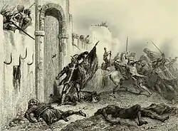 Soldats assiégeant un rempart.