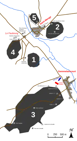 Carte localisant les travaux miniers et les villages.