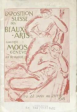  Page de couverture du catalogue de l'Exposition suisse des Beaux-Arts, Galerie Moos, Genève, rue du Marché 13, du 22 janvier au 28 février 1918. Numérisation Bibliothèque d'art et d'archéologie (BAA), Genève
