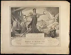 Femme déifiée, au centre, ouvrant les bras. À sa gauche des ouvriers, à ses pieds un enfant. À sa droite des anges.