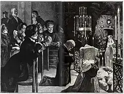 Dessin monochrome de fidèles en prière dans une chapelle.