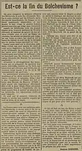 Extrait du Télégramme des Vosges, 9 octobre 1920. Article de Jacques Rozières montrant le point de vue anticommuniste de l'auteur.