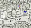 Extrait du plan de Nicolas de Fer de 1676. avec la rue du Coq à côté de la rue de l'Oratoire, en rouge, à côté de l'église des pères de l'Oratoire, en bleu, après l'agrandissement du Louvre.