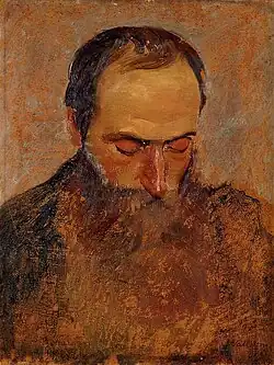 Peinture dans les bruns et ocre représentant une tête de jeune homme de trois-quarts face, baissée, front dégarni, grand nez, longue barbe rousse.