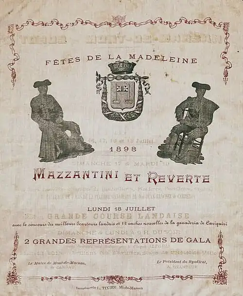 Cartel des fêtes de la Madeleine à Mont-de-Marsan de 1898 avec les matadors Mazzantini et Reverte.