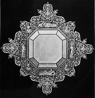 Cadre de miroir en bronze doré et ajouré, figures inspirées des portes du baptistère de Florence, exécuté par la maison Barbedienne (Exposition universelle de 1889).