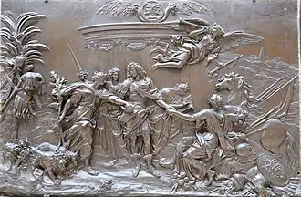 La Paix de NimègueLe Roi amène par la main la Paix, qui tient un lion et un agneau, à l'Europe assise à côté d'un cheval, pendant que la Renommée sonne de la trompette.