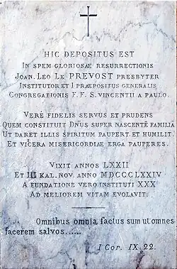 Plaque mortuaire honorant le vénérable Jean Léon le Prévost.