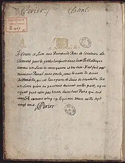 Ex-dono manuscrit de Marguerite Périer à l'Oratoire de Clermont.