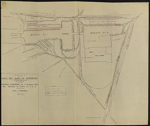 Situation schématique au 1er novembre 1944 des bassins à flots n°1 et 2 après les bombardements. Plan de la S.N.C.F. Archives de Bordeaux Métropole, Bordeaux XXVIII R 9. BORDEAUX Fi XXVIII C 9