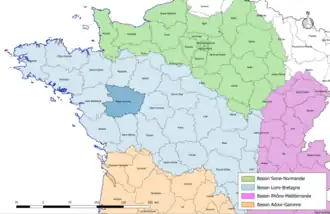Localisation du département de Maine-et-Loire sur la carte des bassins hydrographiques français