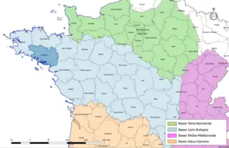 Localisation du département du Morbihan sur la carte des bassins hydrographiques français