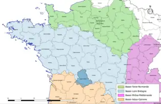 Localisation du département de la Haute-Vienne sur la carte des bassins hydrographiques français.