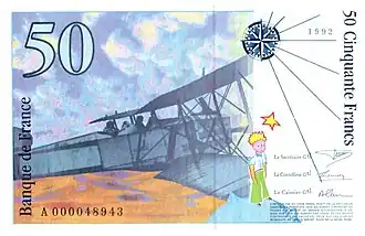 Le Petit Prince sur un billet de 50 francs, verso.