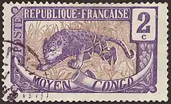 Timbre type Moyen Congo (1907), 2 centimes violet, gravé par Puyplat.
