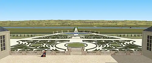 Restitution de la vue depuis le balcon du premier étage sur les jardins du château de Frémont, première moitié du XVIIe siècle.