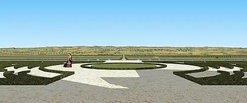 Restitution 3D de la vue sur le premier parterre du château de Frémont, depuis le bas du grand escalier.