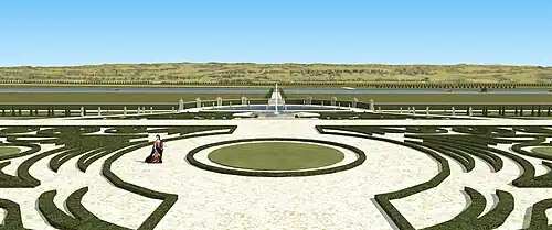 Restitution de la vue sur les jardins depuis la terrasse (palier haut de l'escalier) du château de Frémont, première moitié du XVIIe siècle.