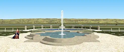 Restitution de la vue devant la fontaine du milieu du grand parterre, sur les jardins du château de Frémont, première moitié du XVIIe siècle.