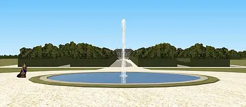 Restitution de la vue sur le château de Frémont vers 1700, depuis le bassin bas, en contrebas des bosquets.